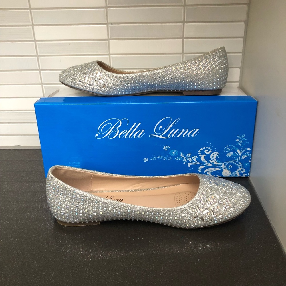 Bella Luna Merina silver sparkly women’s bejewelled flats